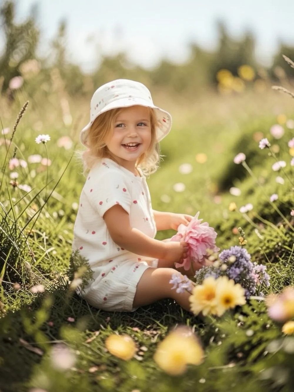 Carter's Cream Romper and Bucket Hat Set With Veggie Print